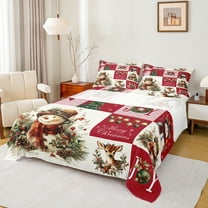 Manfei Kawaii Christmas Snowman Twin Sheet Sets for Kids, Vintage Red Buffalo Plaid Twin Fitted Sheet, Reindeer Animal Flat Sheet, Luxury Bedroom Decor, 3 Pieces