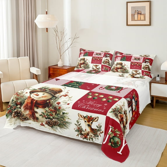 Manfei Kawaii Christmas Snowman Twin Sheet Sets for Kids, Vintage Red Buffalo Plaid Twin Fitted Sheet, Reindeer Animal Flat Sheet, Luxury Bedroom Decor, 3 Pieces