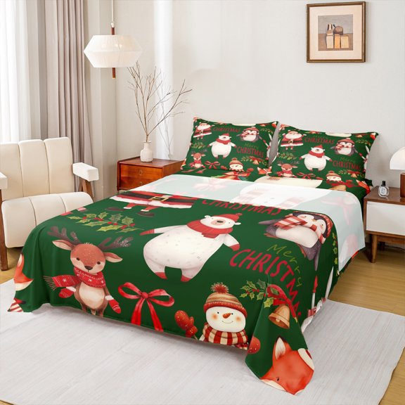 Manfei Kawaii Christmas Snowman Twin Sheet Sets,Wild Bear Deer Twin Fitted Sheet,Red Berry Bow Tie Flat Sheet For Princess,Luxury Bedroom Decor,3 Pieces