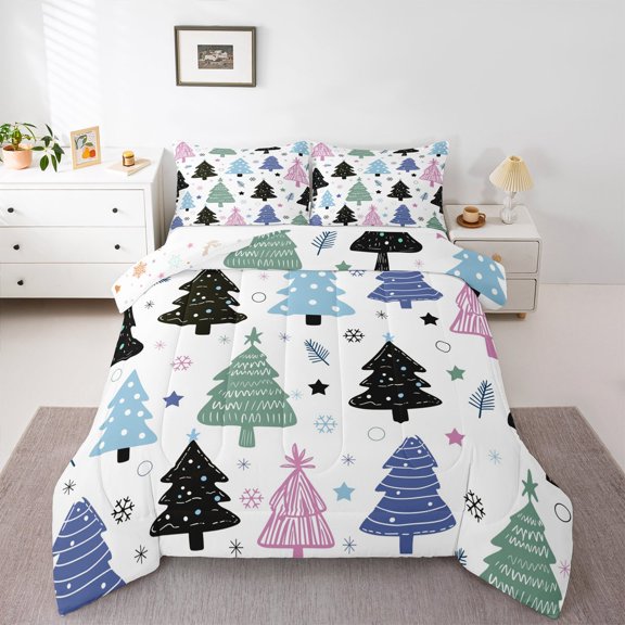 Manfei Kawaii Christmas Tree Queen Comforter Set,Happy New Year Bedding Sets,White Blue Black Bedding Comforter Set For Teens,Ultra Soft Home Decor Reversible,3pcs
