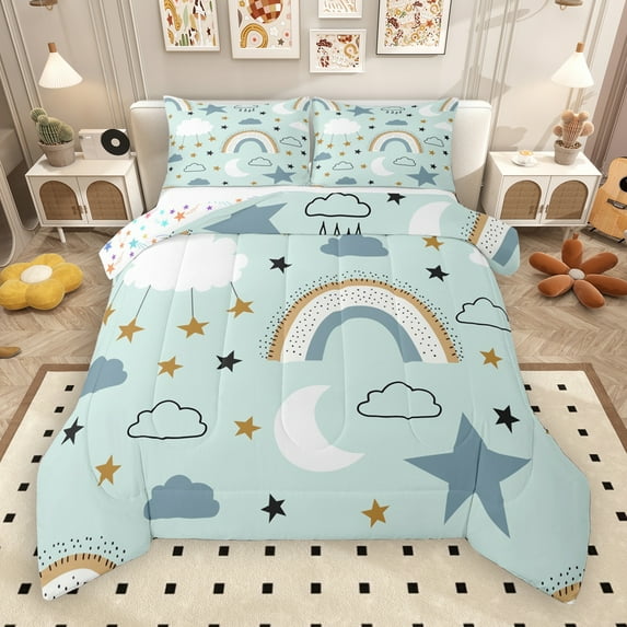 Manfei Kawaii Colorful Rainbow Queen Comforter Set,Boho bohemian Theme Bedding Sets,Cartoon Stars Bedding Comforter Set For Girls,Super Cozy Room Decor Reversible,3pcs