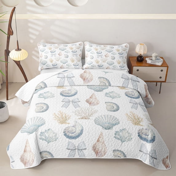 Manfei Kawaii Coquette Bow Twin Quilt Set,Cartoon Sea Seashell Twin Coverlet Set,White,2 Pieces