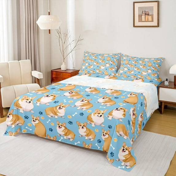 Manfei Kawaii Corgi 4 Pieces Queen Sheet Sets,Cartoon Dog Ultra Soft Flat Sheet,Blue Yellow Queen Fitted Sheet,Lightweight Cute Room Decor