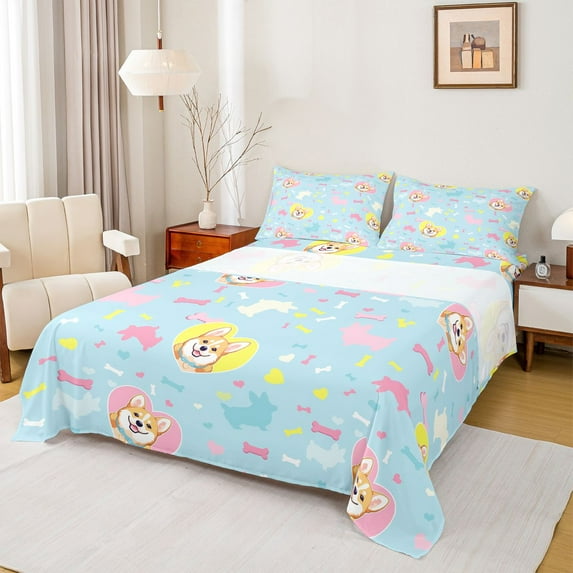 Manfei Kawaii Corgi Dog 4-Piece Full Size Sheets for Kids Girls Boys,Love Heart Print Bed Sheets,Cartoon Animal Lightweight Sheet Sets,Ultra Soft Home Decor