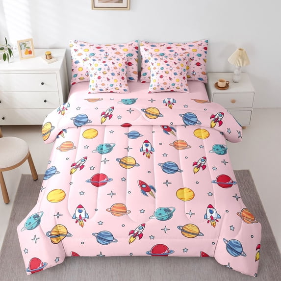 Manfei Kawaii Cosmos Planet Bedding Comforter Set 7-Piece for Teens Boys Girls,Cartoon Galaxy Rocket King Bedding Sets,Starry Sky Ultra Soft Bed Sheets,Luxury Bedroom Decor,Reversible