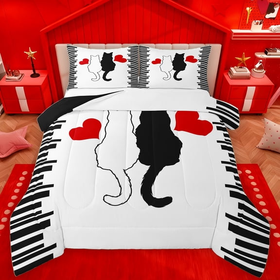 Manfei Kawaii Couple Cat Bedding Comforter Set for Teen, Romantic Love Heart Twin Comforter Sets, White Black Stripes Lines Reversible Bedding Set, Luxury Bedroom Decor, 2pcs