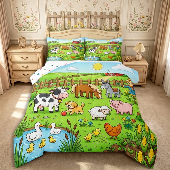 Manfei Kawaii Cow Horse Dog Duck Queen Comforter Set 3 Pieces,Cartoon Farm Animal Comforter Sets Queen,Green Blue,1 Comforter and 2 Pillowcases,Reversible