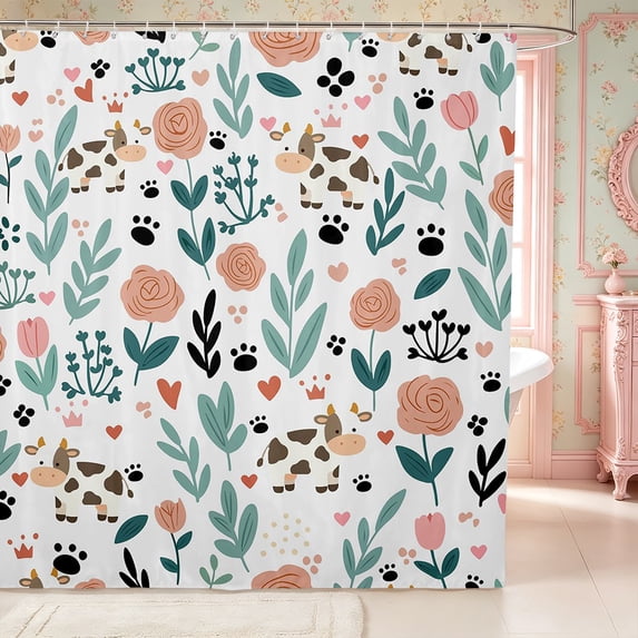 Manfei Kawaii Cow Shower Curtain 72Wx72L,Floral Animal Bathroom Curtain