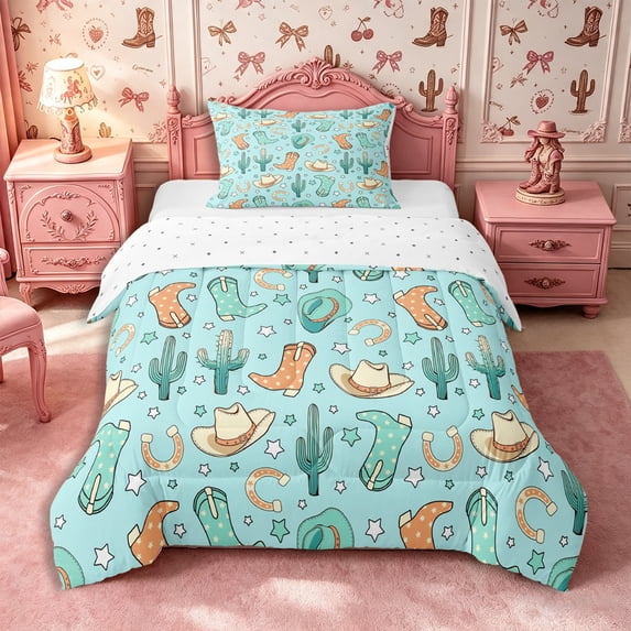 Manfei Kawaii Cowgirl Boots Hat Twin Comforter Sets 2pcs,Western Cactus Horseshoe Bedding Set,Light Cyan Beige,1 Comforter and 1 Pillowcase,Reversible