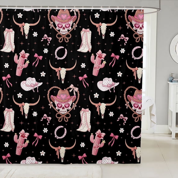 Manfei Kawaii Cowgirl Skull Shower Curtain 72Wx72L,Cute Bow Flowers Bathroom Curtain,Black Pink