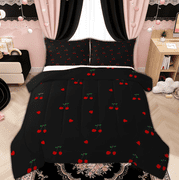 Manfei Kawaii Cute Cherry Bedding Comforter Set for Kids Girls, Black Red Love Heart Comforter Sets, Black Reversible, 2pcs