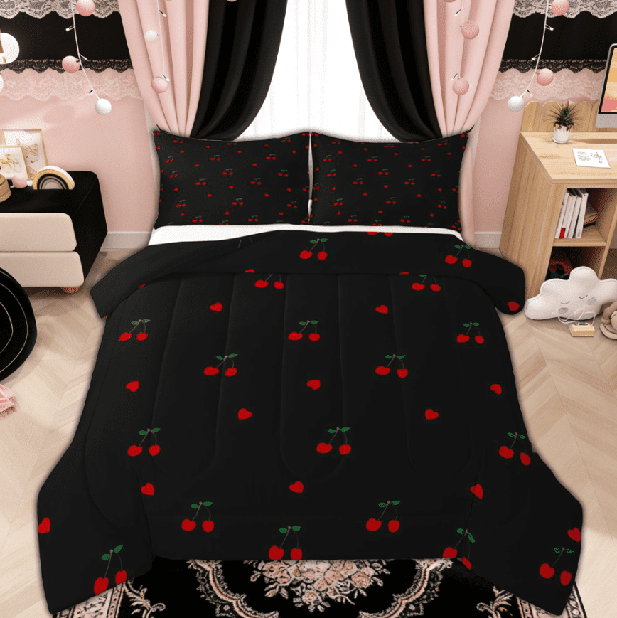 Manfei Kawaii Cute Cherry Full Size Comforter Sets for Kids Girls, Black Red Love Heart Bedding Comforter Set, Black Reversibles, 3pcs