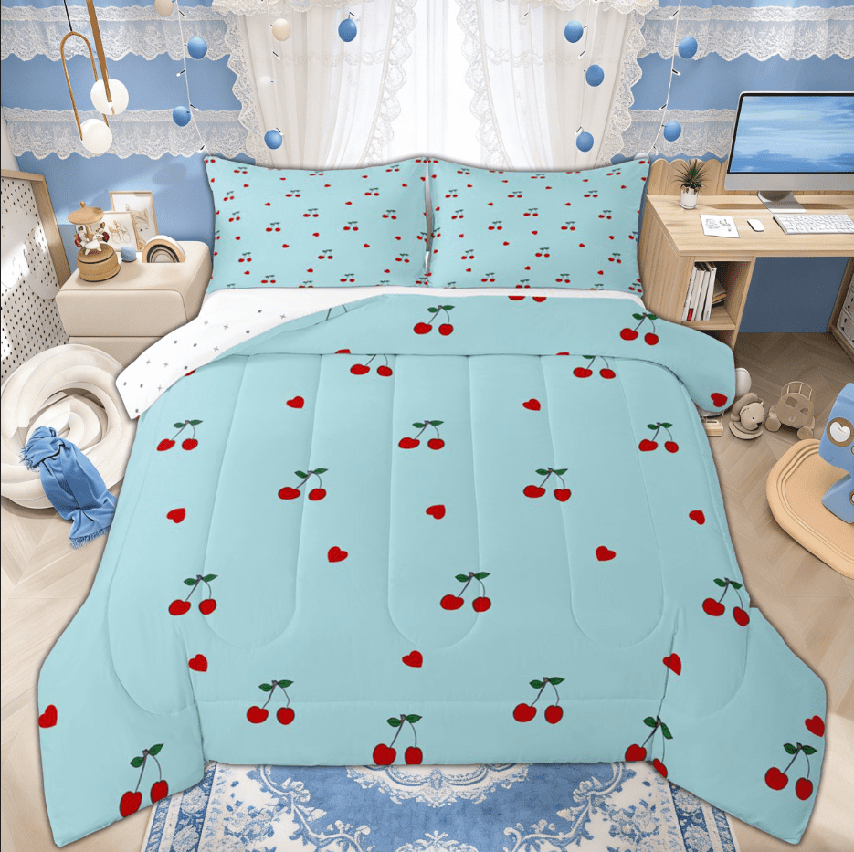 Manfei Kawaii Cute Cherry Full Size Comforter Sets for Kids Girls, Romantic Cartoon Love Heart Bedding Comforter Set, Reversibles, 3 Pieces