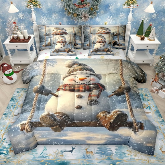 Manfei Kawaii Cute Snowman 7-Piece Twin Bedding Sets for Teen, Happy Holiday Bedding Comforter Set, Cartoon Rustic Festival Reversible Sheet Sets, Breathable Home Decor