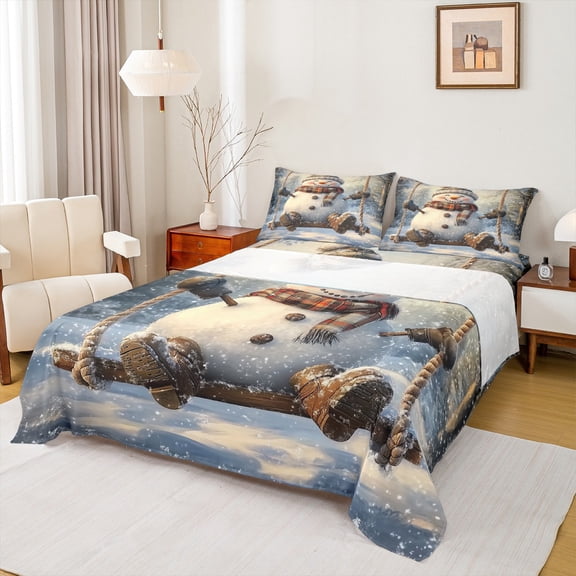Manfei Kawaii Cute Snowman Twin Sheet Sets for Teen, Happy Holiday Twin Fitted Sheet, Cartoon Rustic Festival Flat Sheet, Breathable Home Decor, 3 Pieces