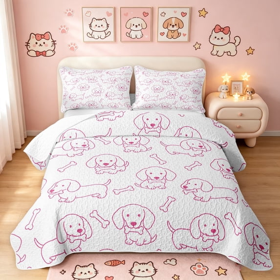 Manfei Kawaii Dachshund Bed Spread Queen, Simple Bone Print Queen Coverlet Set, White Magenta, 3-Piece, 1 Quilt and 2 Pillowcases
