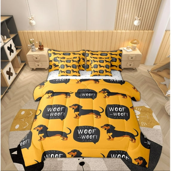 Feelyou Kawaii Dachshund Bedding Comforter Set 7-Piece, Woof Dog King Bedding Sets, Cartoon Animal Lover Bed Sheets, Super Cozy Room Decor