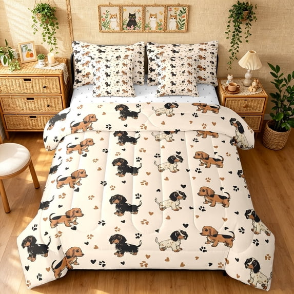 Manfei Kawaii Dachshund Full Size Bedding Sets, Cartoon Animal Lover Full Size Bed in a Bag, Cream Brown, Reversible, 7pcs
