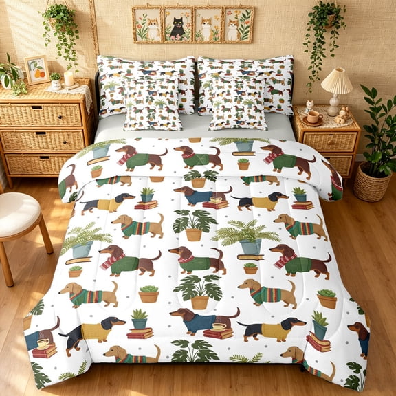 Manfei Kawaii Dachshund Full Size Bedding Sets, Western Botanical Full Size Bed in a Bag, Green, Gray Reversible, 7pcs