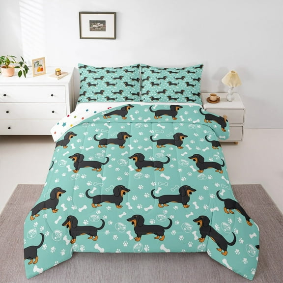 Manfei Kawaii Dachshund Kids Queen Comforter Set, Cute Cartoon Dog Bedding Sets, Animal Lover Reversible Bedding Comforter Set, Super Cozy Room Decor, 3-Piece
