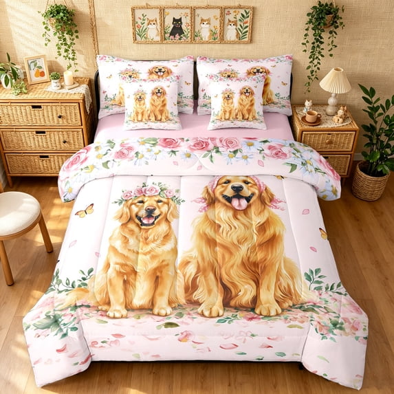 Manfei Kawaii Dachshund King Bedding, Romantic Rose Flower King Bed in a Bag, Pink Golden, Pink Reversible, 7pcs