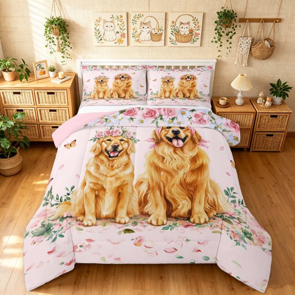 Manfei Kawaii Dachshund Queen Comforter Set, Romantic Rose Flower Comforter Sets Queen, Pink Golden, Pink Reversible, 3pcs, 1 Comforter and 2 Pillowcases