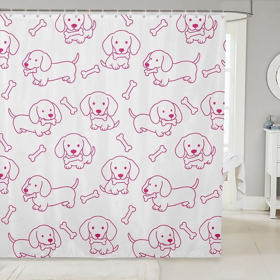 Manfei Kawaii Dachshund Shower Curtain 72Wx72L, Simple Bone Print Bathroom Curtain, White Magenta