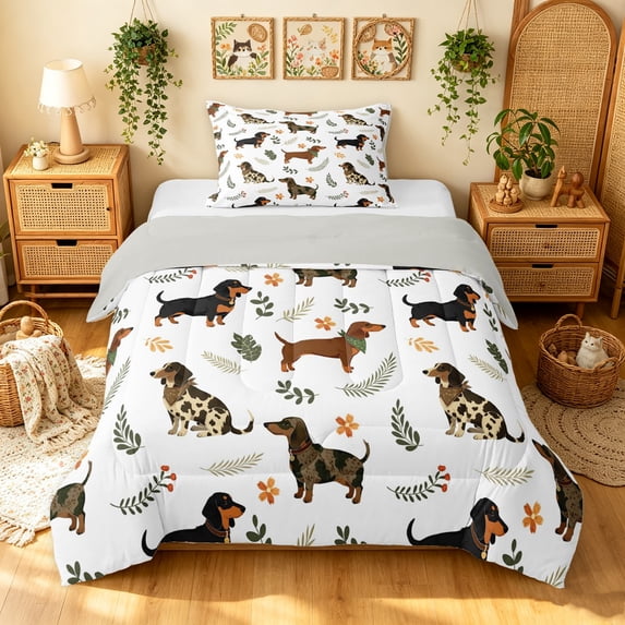 Manfei Kawaii Dachshund Twin Comforter Sets, Cartoon Leaf Plant Bedding Set, White, Gray Reversible, 2pcs, 1 Comforter and 1 Pillowcase