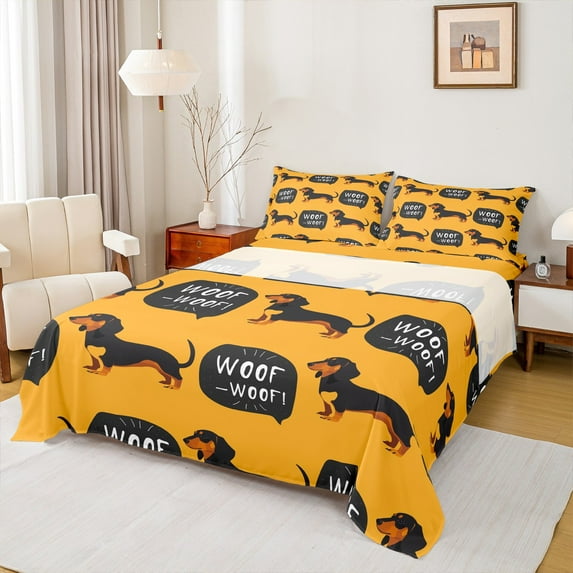 Feelyou Kawaii Dachshund Twin Sheet Sets, Woof Dog Twin Fitted Sheet, Cartoon Animal Lover Flat Sheet, Super Cozy Room Decor, 3 Piece
