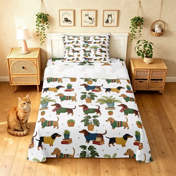 Manfei Kawaii Dachshund Twin Sheets, Western Botanical Bedding, Green, 3pcs, 1 Flat Sheet, 1 Fitted Sheet and 1 Pillowcase