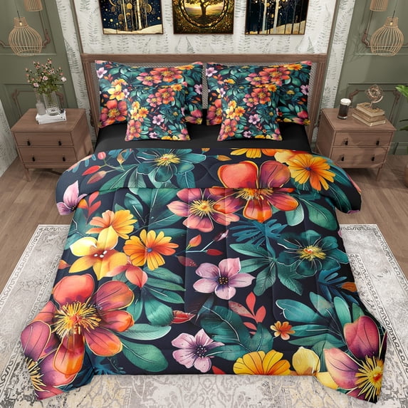 Manfei Kawaii Daisy Blossom 7-Piece Twin Bedding Sets,Countryside Floral Bedding Comforter Set,Green Orange Sheet Sets For Girls Teens,Microfiber Bedroom Decor Reversible