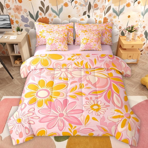 Manfei Kawaii Daisy Blossom 7-Piece Twin Bedding Sets,Countryside Floral Bedding Comforter Set,Pink Flower Sheet Sets For Girls Teens,Microfiber Bedroom Decor Reversible