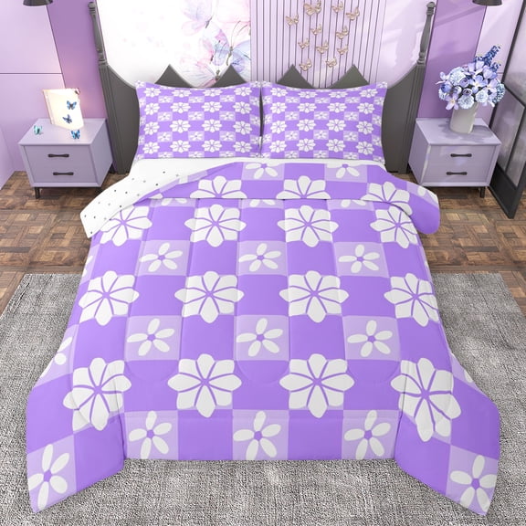 Manfei Kawaii Daisy Blossom Bedding Comforter Set,Cartoon Flower Floral Twin Comforter Sets,Purple White Bedding Set For Girl,Luxury Bedroom Decor Reversible,2-Piece