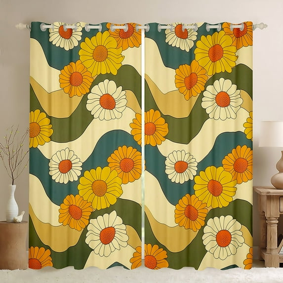 Manfei Kawaii Daisy Blossom Black Out Curtains,bohemian Exotic Style Curtains Pack of 2 (42x63 Each),Orange Beige Flower Lines Bedroom Curtains For Men Women,Luxury Bedroom Decor
