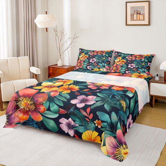 Manfei Kawaii Daisy Blossom Twin Sheet Sets,Countryside Floral Twin Fitted Sheet,Green Orange Flat Sheet For Girls Teens,Microfiber Bedroom Decor,3pcs
