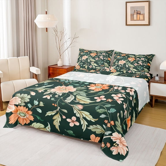 Manfei Kawaii Daisy Blossom Twin Sheet Sets,Countryside Floral Twin Fitted Sheet,Pink Orange Flowers Flat Sheet For Girls Teens,Microfiber Bedroom Decor,3-Piece