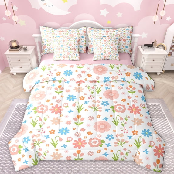 Manfei Kawaii Daisy Flower 7pcs Bedding Comforter Set,Country Floral Queen Bedding Sets,White Pink Green Queen Sheet Sets For Girls Kids,Microfiber Bedroom Decor Reversible