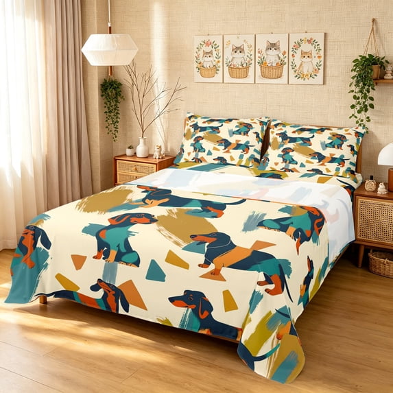Manfei Kawaii Dalmatian Queen Sheets, Tribal Dachshund Dog Queen Sheet Sets, Teal Orange, 4pcs, 1 Flat Sheet, 1 Fitted Sheet and 2 Pillowcases