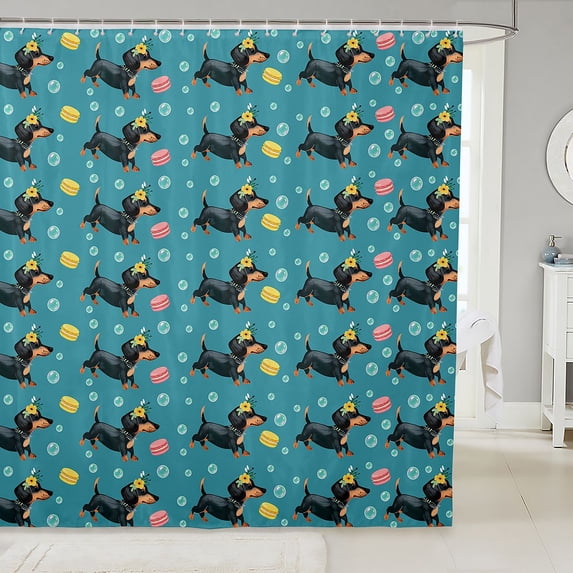 Manfei Kawaii Dalmatian Shower Curtain 72Wx84L, Flower Dachshund Bathroom Shower Curtain, Teal Black