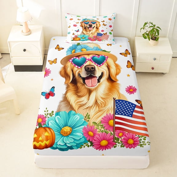 Manfei Kawaii Dalmatian Twin Fitted Sheet, Cartoon Rustic Dog Bedding, White Orange, 2pcs, 1 Fitted Sheet and 1 Pillowcase