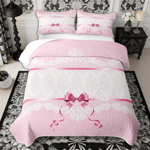 Manfei Kawaii Damask Bow Twin Quilt Set 2 Pieces,Dreamy Princess Twin Coverlet Set,1 Bedspread and 1 Pillowcase