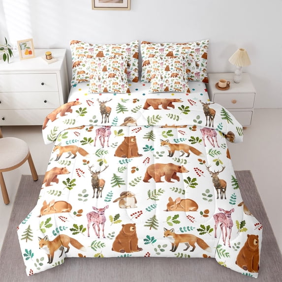 Manfei Kawaii Deer 7-Piece King Bedding,Safari Animal King Bed in a Bag,White,Polkadot Reversible