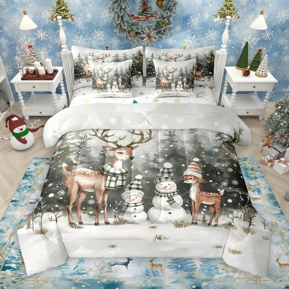 Manfei Kawaii Deer Snowman 7-Piece Twin Bedding Sets,Merry Christmas Bedding Comforter Set,Green White Brown Sheet Sets For Kids,Microfiber Bedroom Decor Reversible