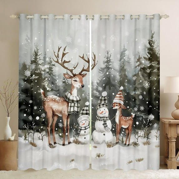 Manfei Kawaii Deer Snowman Black Out Curtains,Merry Christmas Curtains Pack of 2 (42x63 Each),Green White Brown Bedroom Curtains For Kids,Microfiber Bedroom Decor
