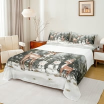 Manfei Kawaii Deer Snowman Twin Sheet Sets,Merry Christmas Twin Fitted Sheet,Green White Brown Flat Sheet For Kids,Microfiber Bedroom Decor,3-Piece