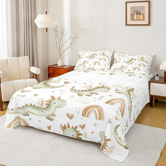 Manfei Kawaii Dino Bed Sheets for Kids Boys Girls, Cute Rainbow Hearts King Sheets, Cartoon Wildlife Sheet Set, Super Cozy Room Decor 4pcs