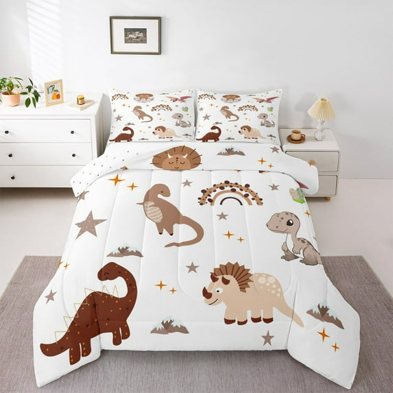 Manfei Kawaii Dinosaur 3pcs King Size Comforter Sets,Cartoon Dino Bedding Comforter Set,Rainbow Stars Bedding Set,Microfiber Cute Room Decorative,Reversible
