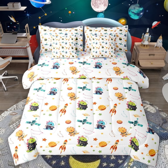 Manfei Kawaii Dinosaur Dino 7-Piece Twin Bedding Sets,Rocket Planet Pattern Bedding Comforter Set,Colorful Stars Print Sheet Sets For Boys,Microfiber Bedroom Decor Reversible