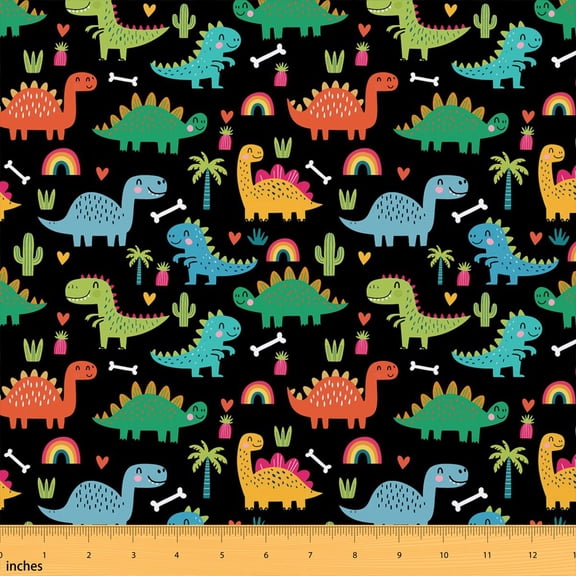Manfei Kawaii Dinosaur Fabric by the Yard 1 Yard, Cartoon Wildlife Home Decor Fabric by the Yard, Rainbow Dino