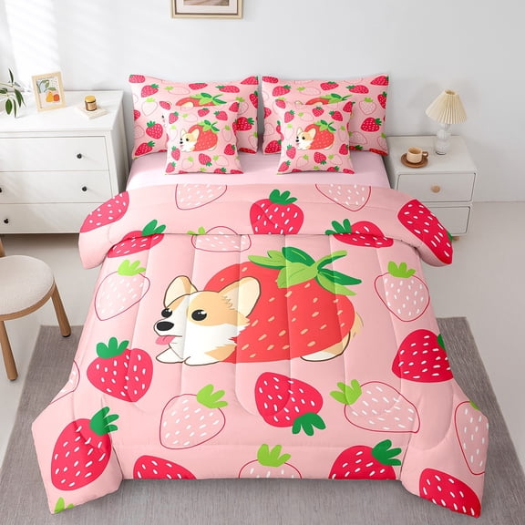Manfei Kawaii Dog Corgi Bedding Sets Queen Size,Red Strawberry Comforter Sets with Sheets,Cartoon Pet Animal Bed in a Bag Queen Size For Girl,Breathable Room Decoration Reversible,7-Piece